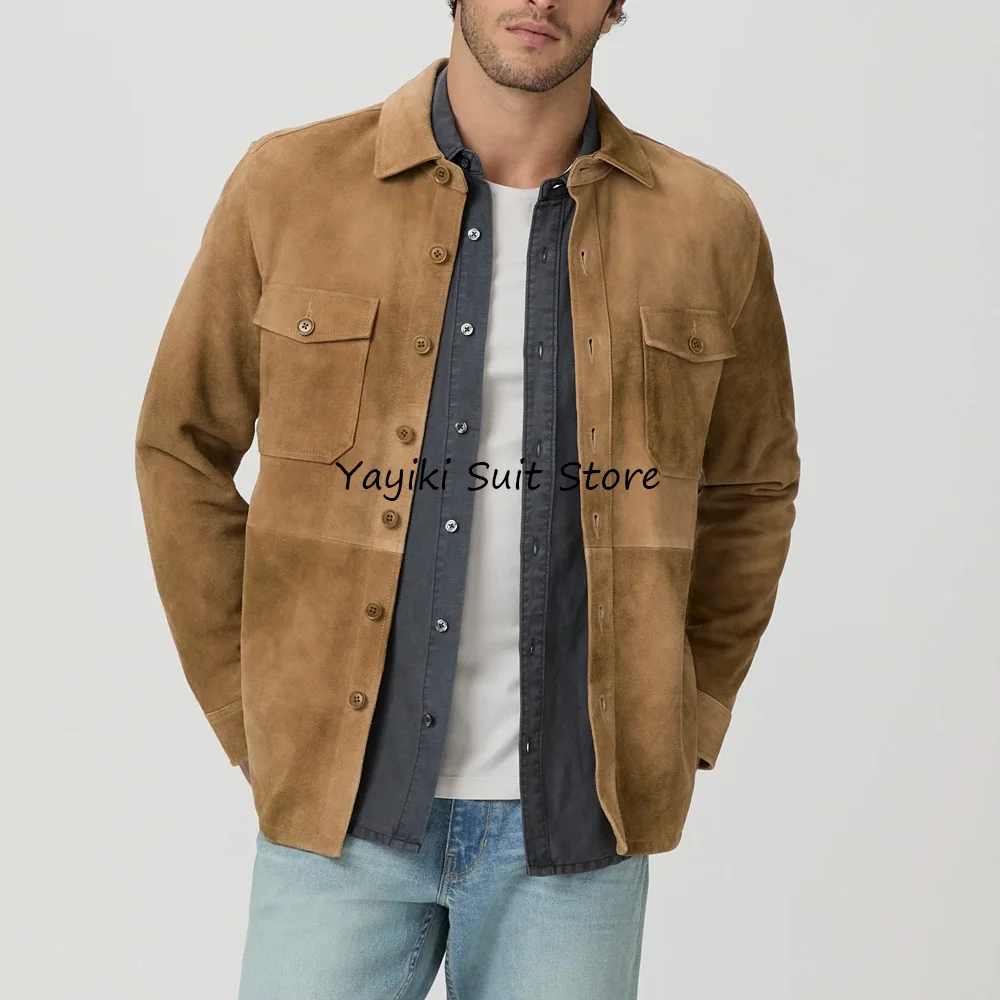 

Повседневный модный пиджак для мужчин, замшевая ткань, два кармана на пуговицах, городские пиджаки, однобортное мужское социальное пальто с лацканами