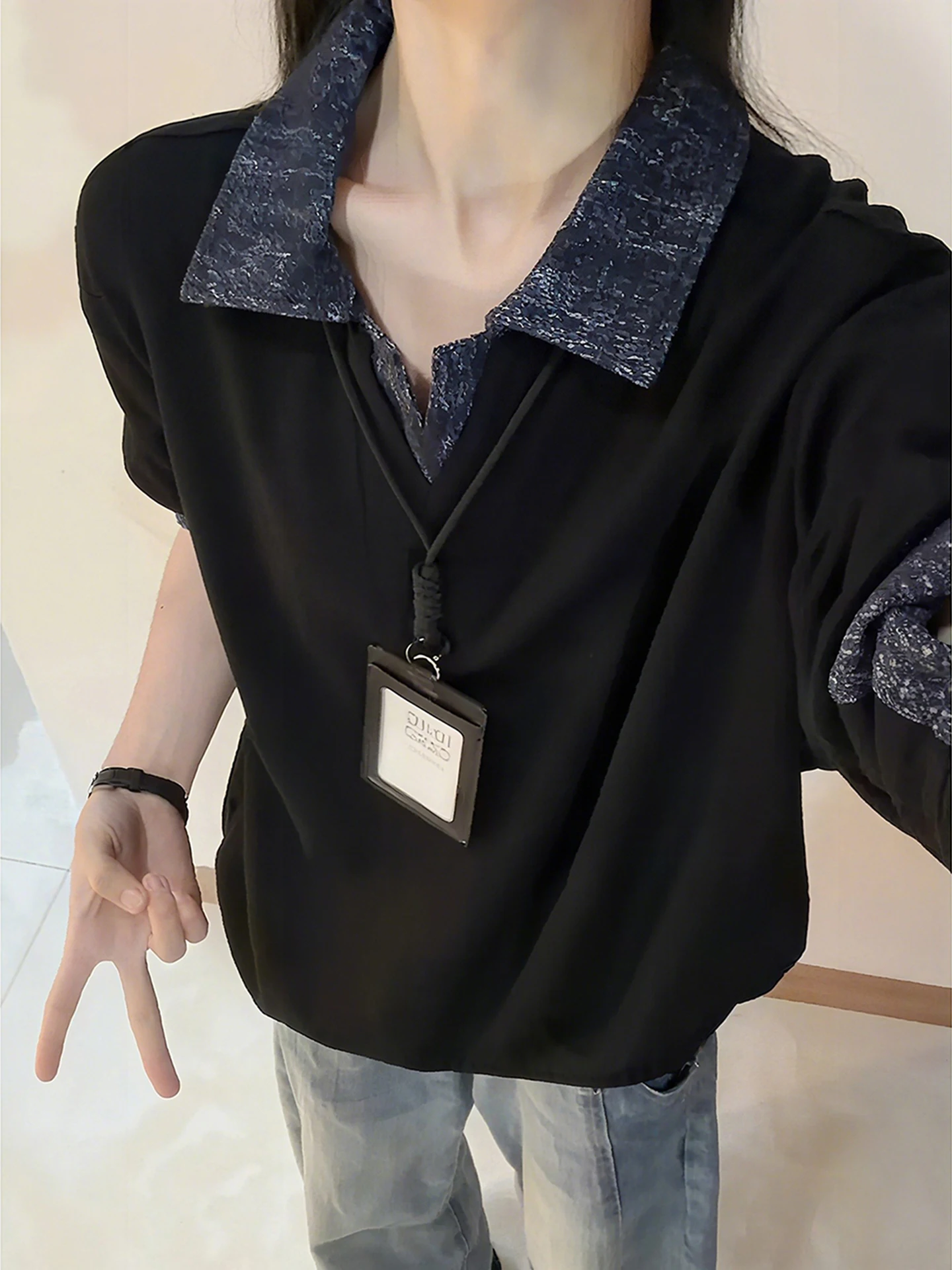 

Bla Faux Two-Piece Hoodie Long Sve Collar Fce Lined Inner Wear for Men And Women Autumn Winter High End Feeling