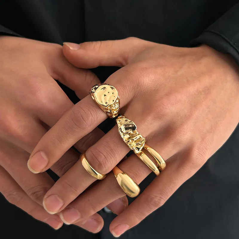 Minimalist gold irregular textured ring set for men smooth double band adjustable stackable finger rings modern daily jewelry