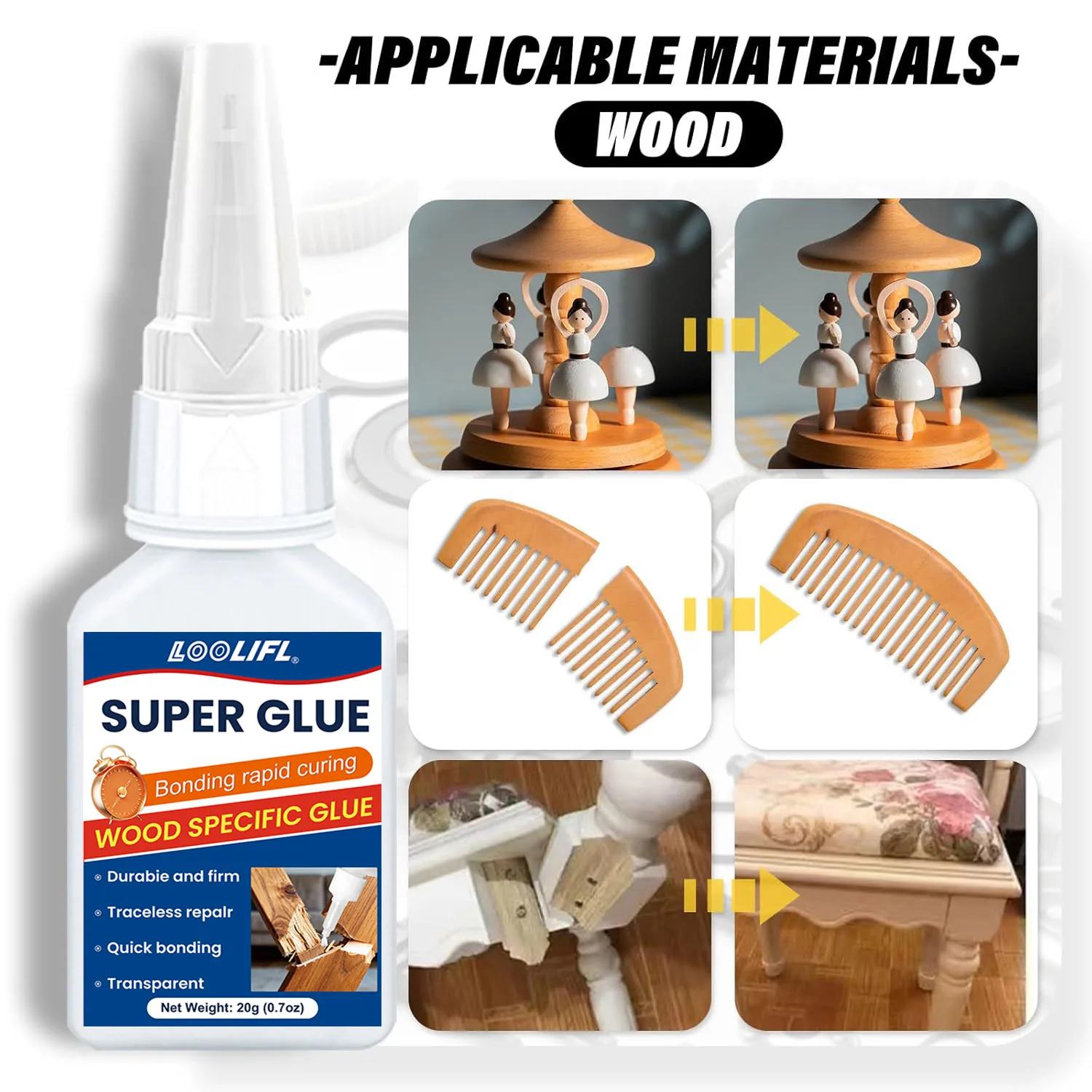 20g adhesivo transparente para la reparación de muebles - adhesivo súper instantáneo, pegamento pesado, adecuado para proyectos de madera de bricolaje