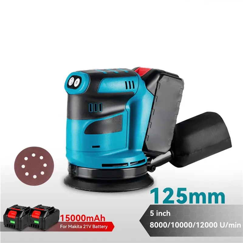 125mm Electric Orbital Sander 3 Speeds Adjustable Cordless Rechargeable Polishing Grinder Machine for Makita 18V Battery