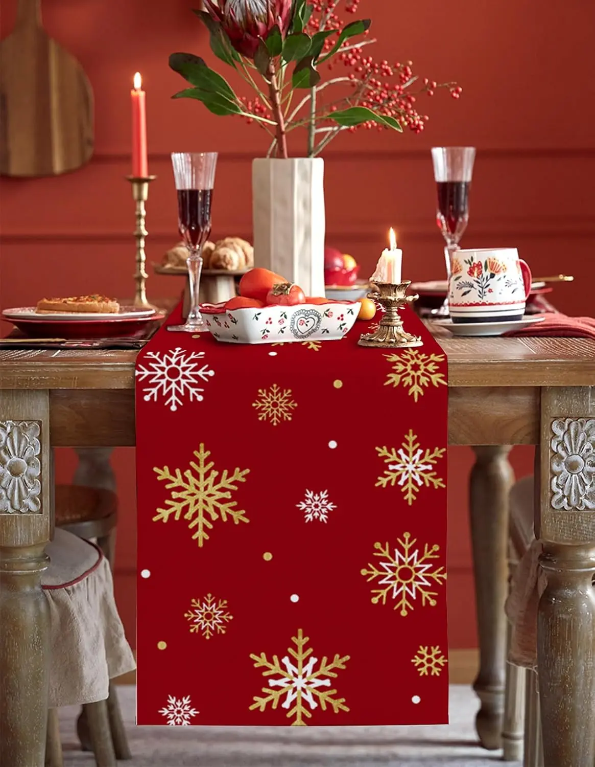 Christmas Gold Snowlfakes Linen Table Runner Holiday Party Decor Winter Xmas Kitchen Dining Table Runners Christmas Decorations