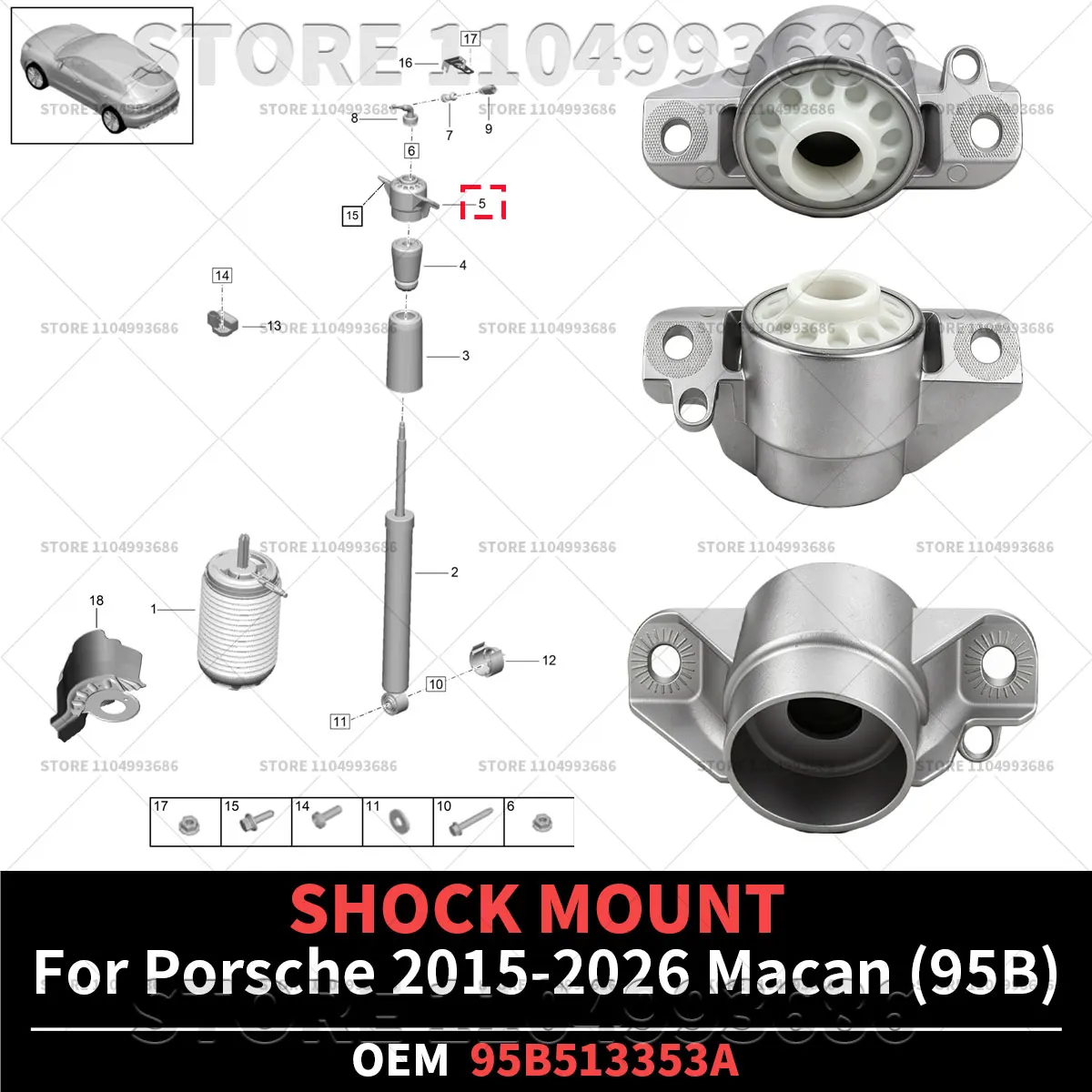 For Porsche 2015-2026 Macan Base GTS Turbo (95B) Rear Suspension Support Bearing Pillar Upper Seat OEM 95B513353A 95B-513-353-A
