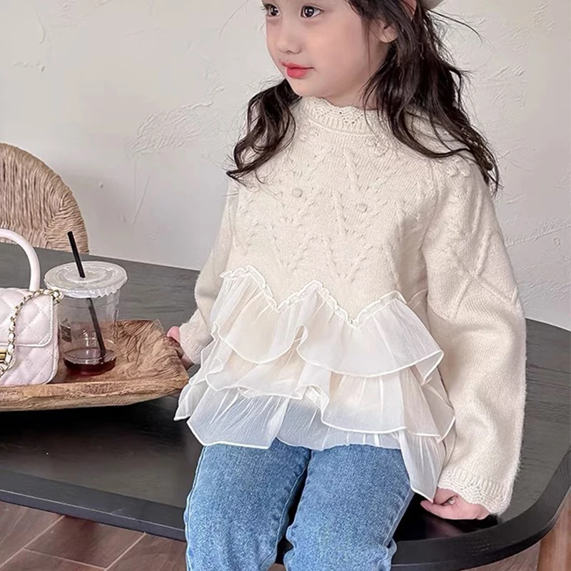 

Kids Girls Solid Color Knit Sweater Coat 2023 Autumn New Children Wool Knitted Tops Winter Pullover Bottom Kawaii Sweater