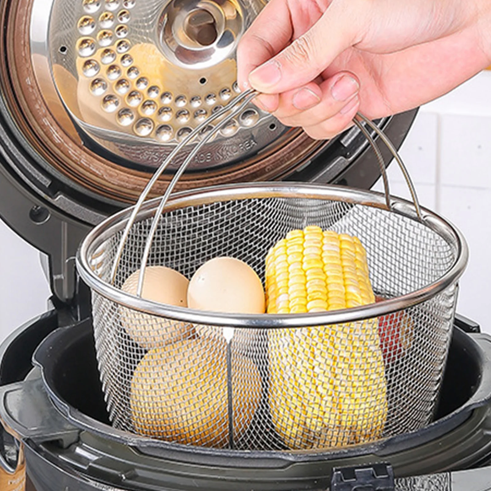 Stainless Steel Mesh Steaming Basket Quick Steam Circulation with Cool Touch Handles for Healthy Vegetables Seafood