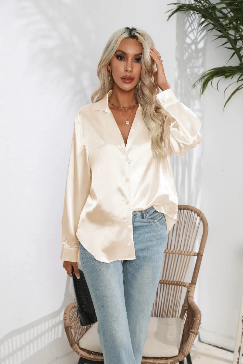 2024 Spring Summer Women Shirts Office Lady Woman Long Sleeve Satin Turn-down Collar Blouse with Single Breasted Female Blouses