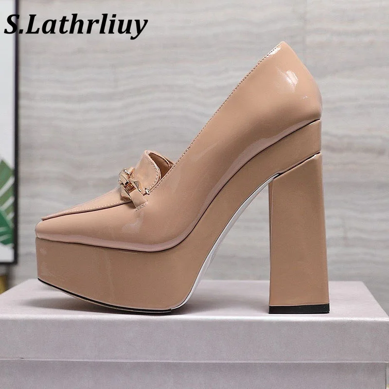 Women's shallow mouth waterproof platform shiny leather metal decorative high heels solid color night total sexy high heels