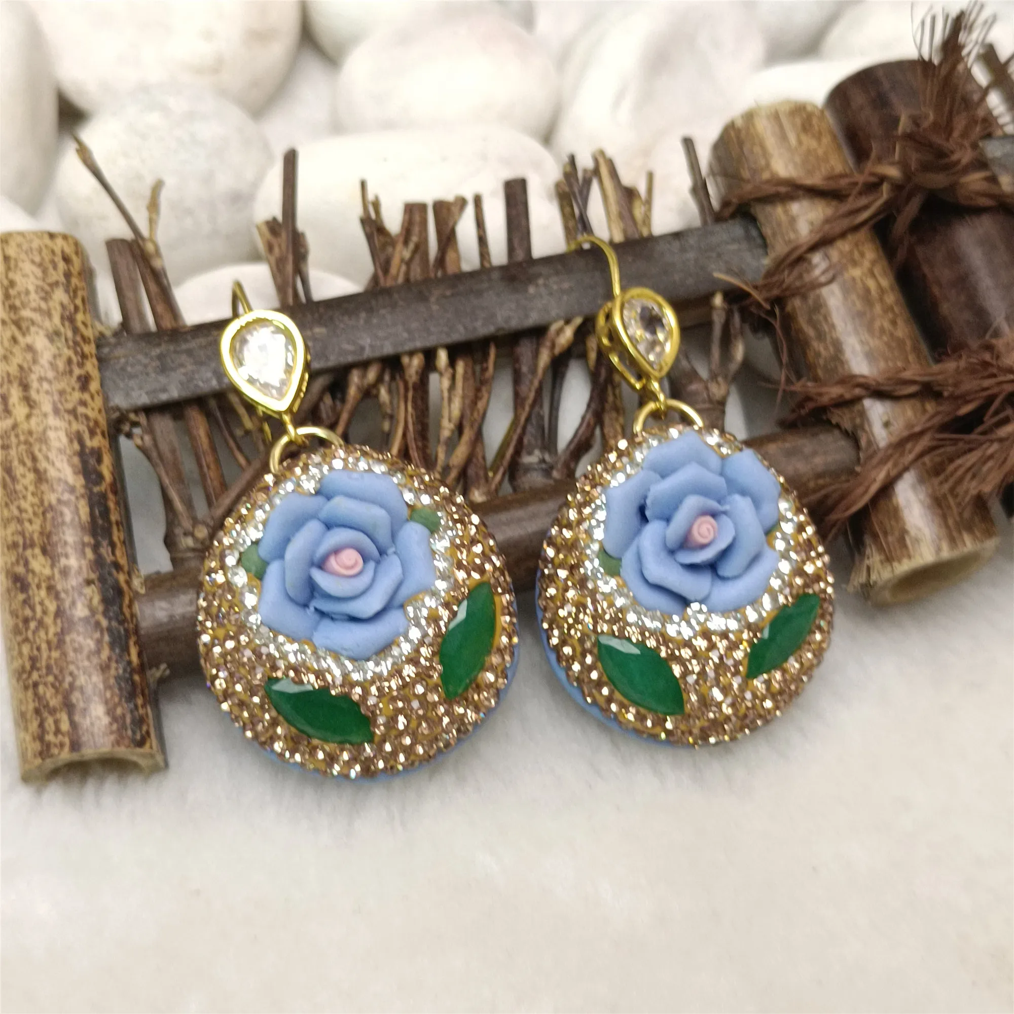 Handmade soft pottery craft flower shape earrings women's noble and elegant light luxury temperament jewelry