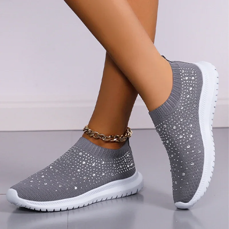 Zapatillas de deporte de punto con cristales brillantes para mujer, zapatos planos informales de malla transpirable de talla grande 43, zapatos deportivos para caminar con suela blanda 2025