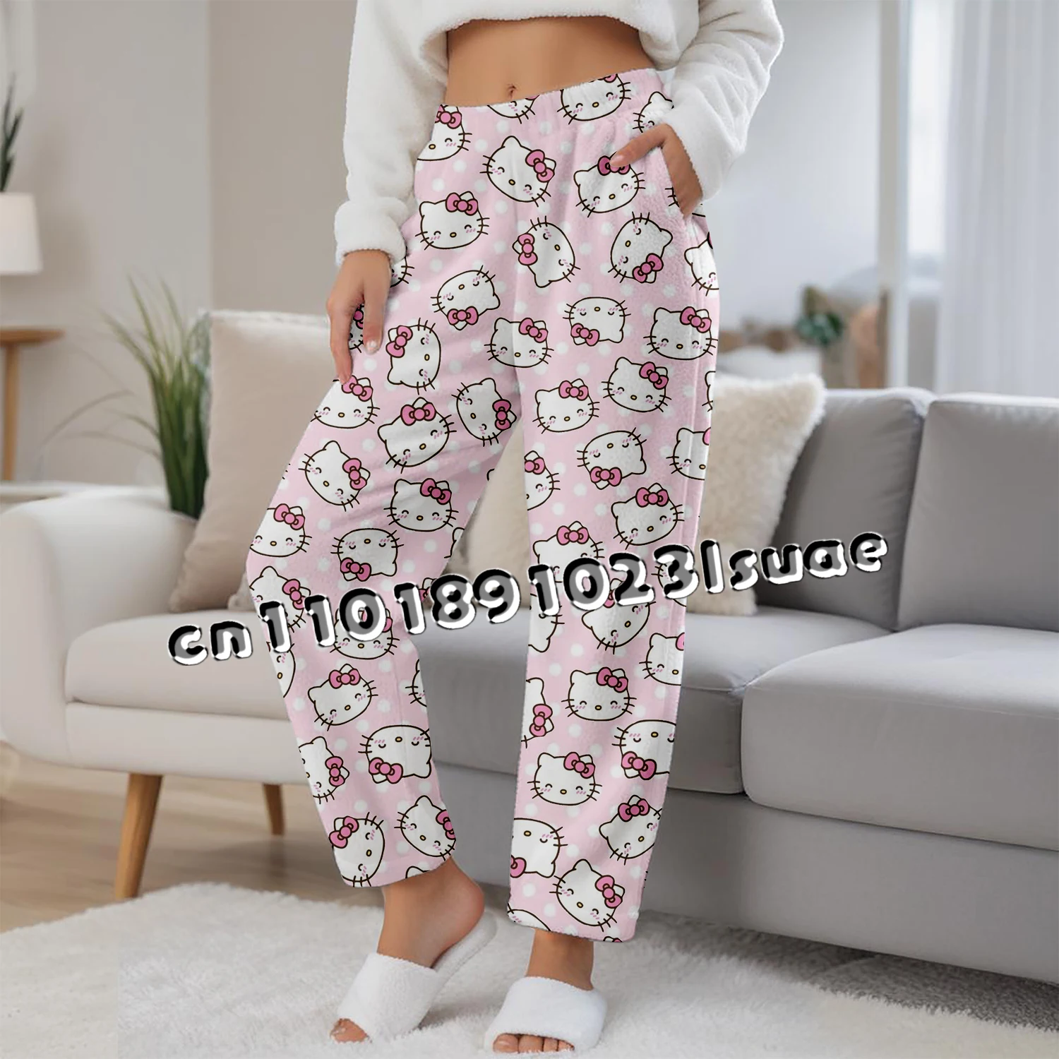 

Miniso Sanrio Flannel Loose Women Sleepwear Pants Women's Men's Cute Cat Cartoon Sleepwear Casual Clothes Girls Sleep Keep Warm