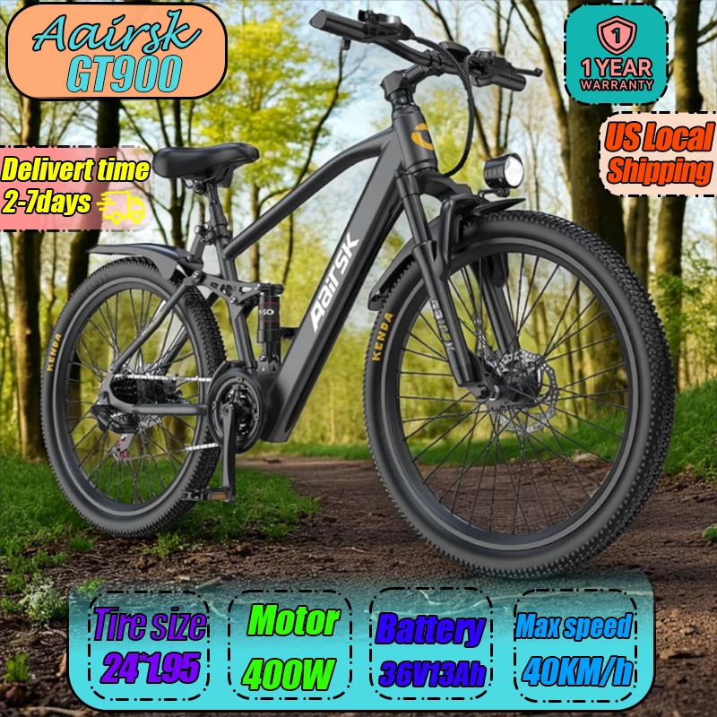 

Aairsk GT900 Electric Bike 400W Motor 36V10AH Battery E-Bike Mountain Trail Adult City Commute Electric Bicycle Size 24*1.95Tire