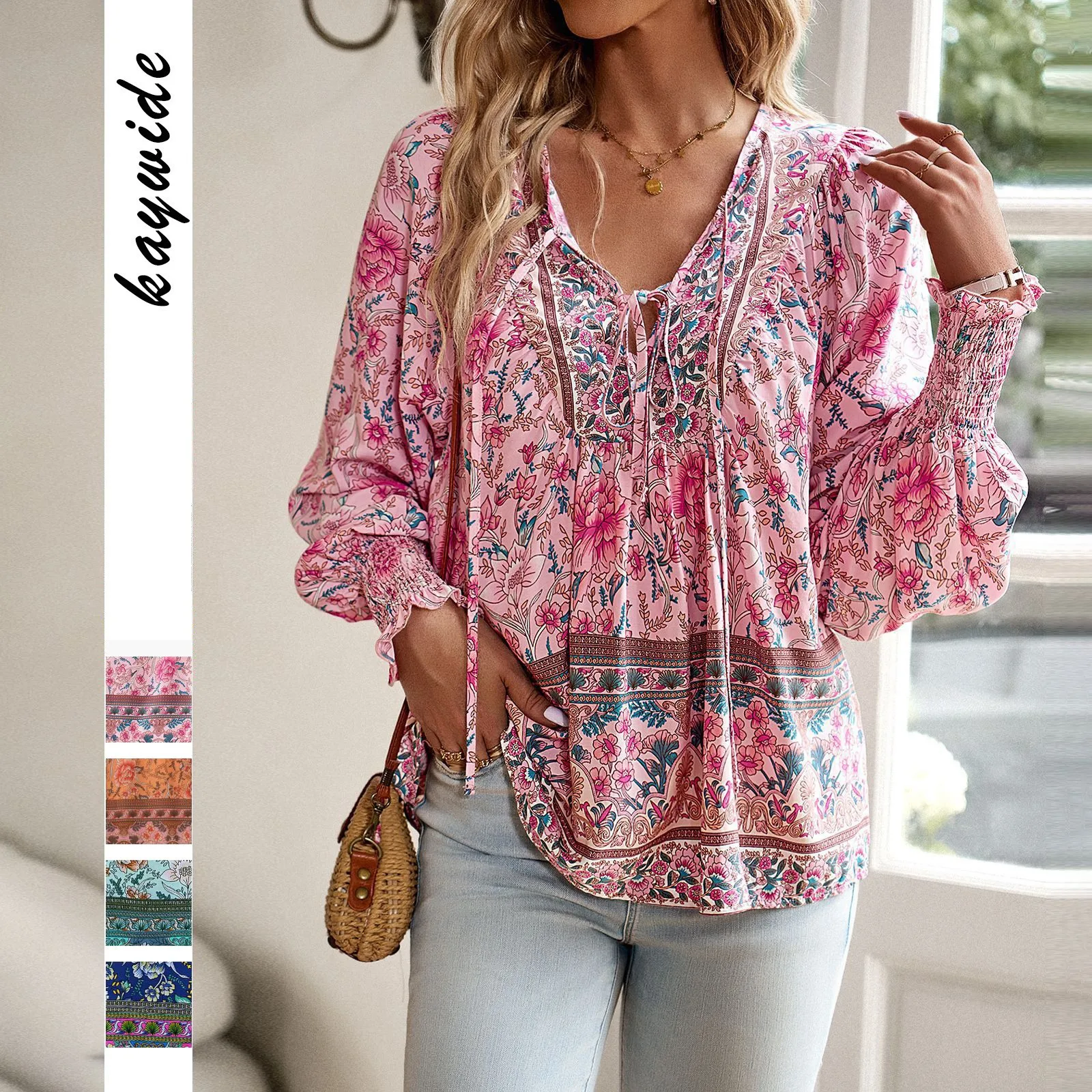 

Women Blouse Printed Boho Long Sleeve Blouses Floral Loose Fit V Neck Top Tie Front Floral Print Puffed Sleeve Smocked Cuff