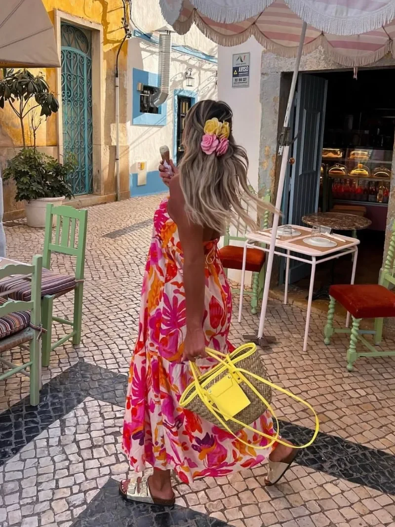 Holiday Vintage Beach Dress  Fashion Women Printed Tie-Up Waist Slim Dress Women Backless Long Dress Vestidos 2024 Summer New