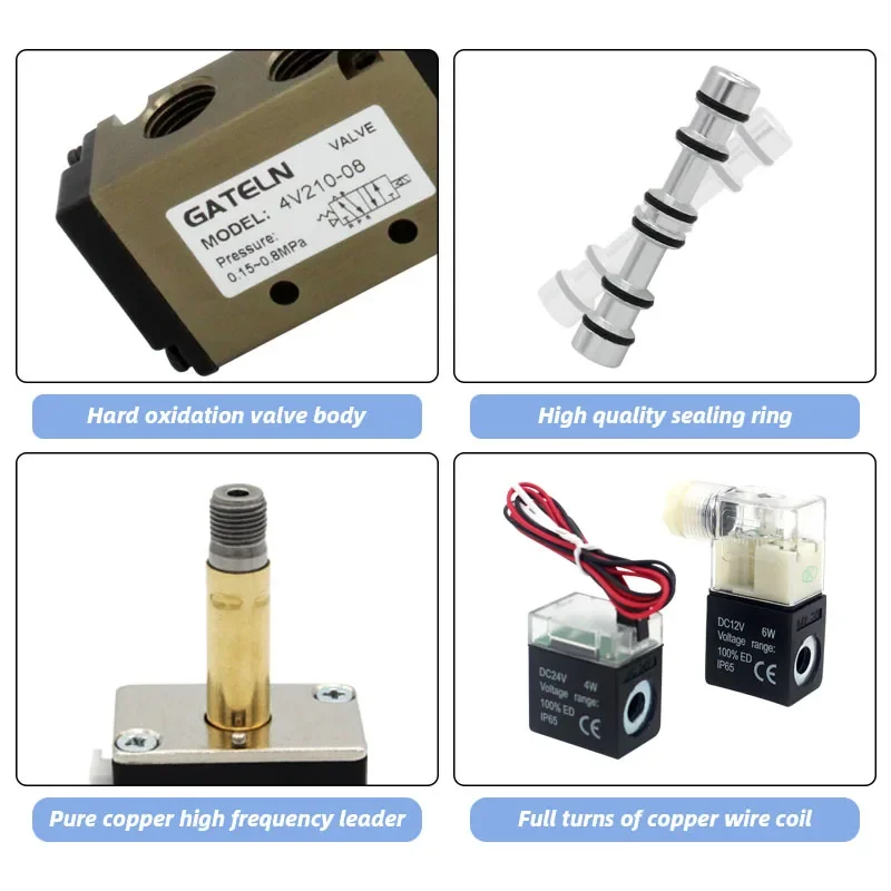 4V210-08 StationsDC24V 12V AC220V AC110V 2 Positions 5 Way Quadruple Solenoid Valve Aluminum Base Fitting Mufflers