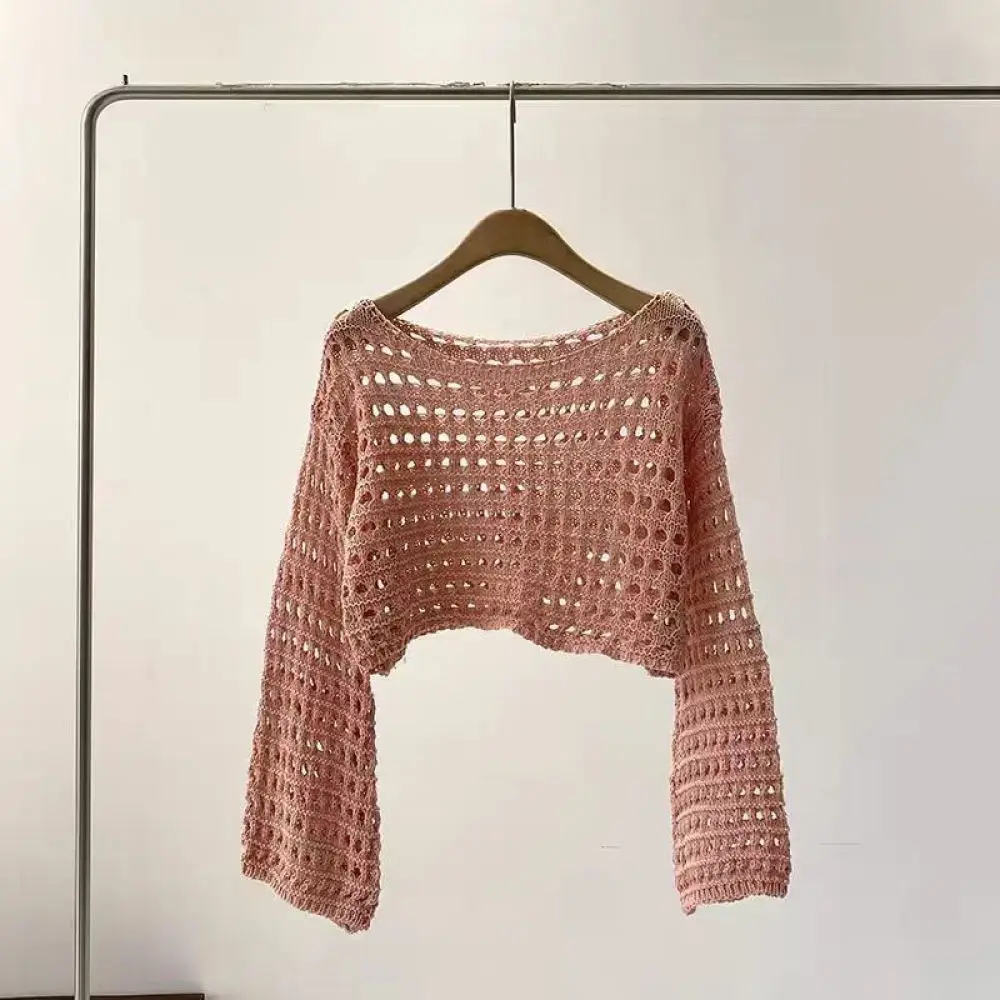 French Style Hollow Out Knitted Sweater Women Summer Long Sleeve Cropped Pullover Female Thin Breathable Sunscreen Blouse Tops