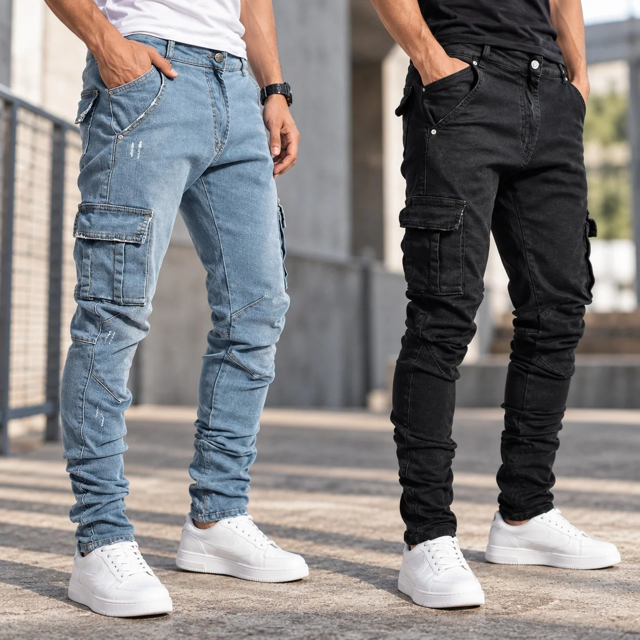 Slim Fit Pocket Jeans Rock with Pocket Decoration Ankle Skinny Washed Full Length Mid Waist Slight Stretch Patchwork Men Jeans