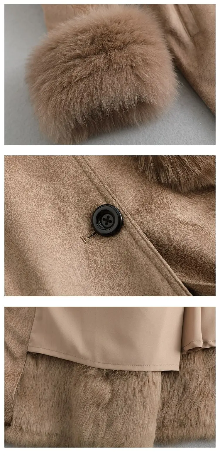 2023 New Rabbit Fur One Piece Coat for Women Mid length Fox Fur Collar Lace up Slim Fit Haining Fur Coat for Women