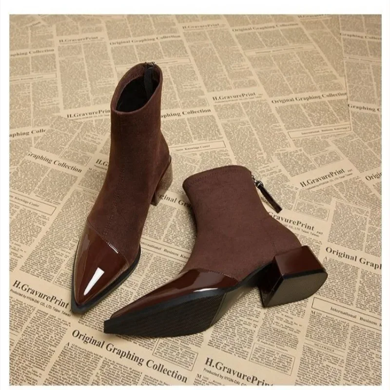 2024pointy japanned leather short winter boots women flock patchwork chelsea booties back zipper square heels botas big size