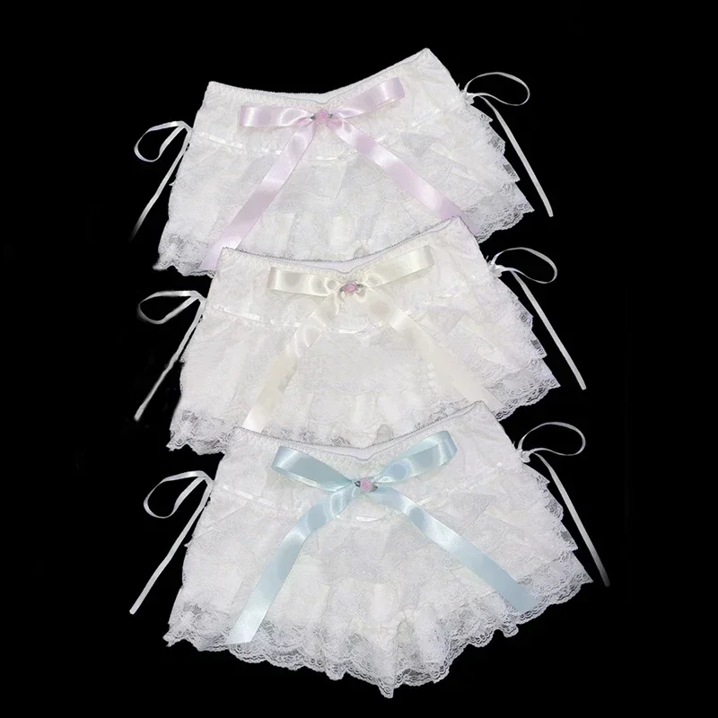 Multilayer Lace Shorts Women Lolita Ribbons Flower Ruffles Elastic Waist Cute Bottoming Shorts for Sweet Girls Kawaii Clothes