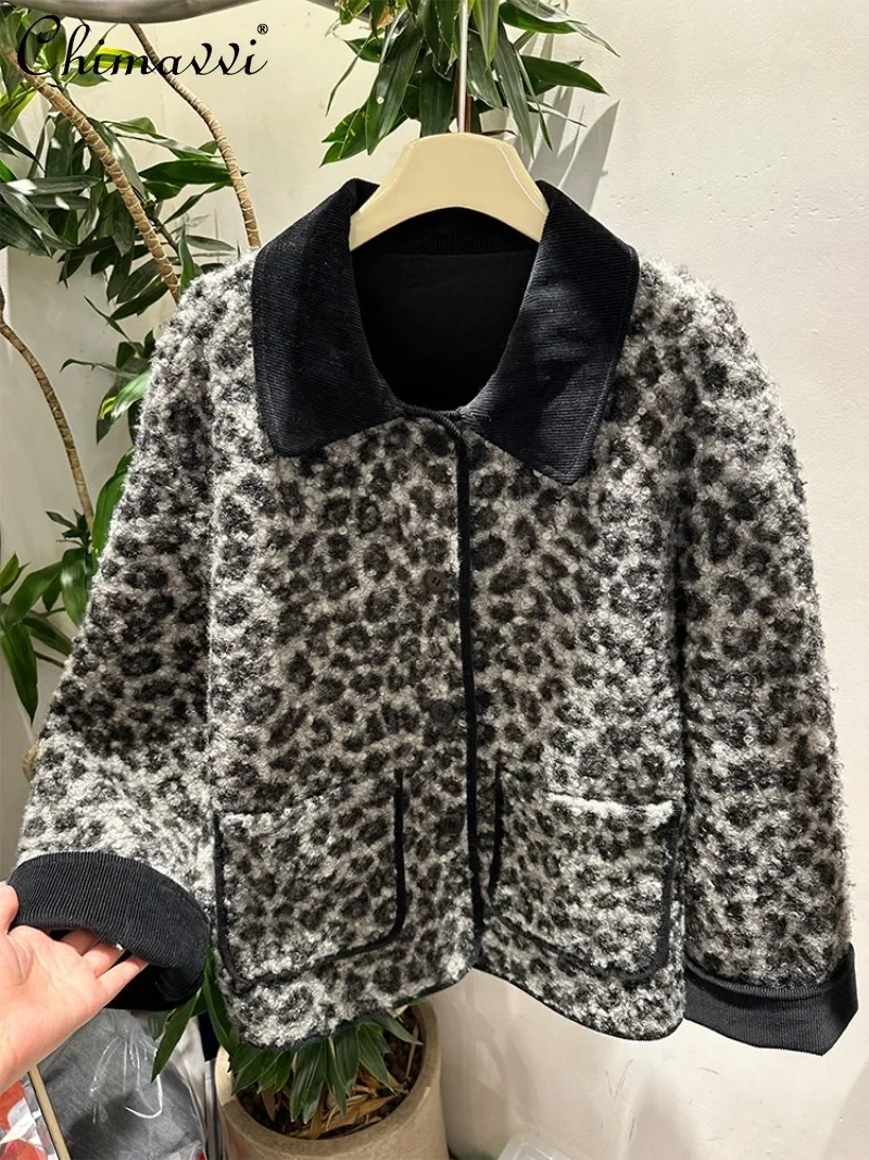 

Autumn and Winter Design Sense Corduroy Lapel Leopard Print Lamb Wool Jacket Thickened Loose Fur Integrated Cotton Top For Women