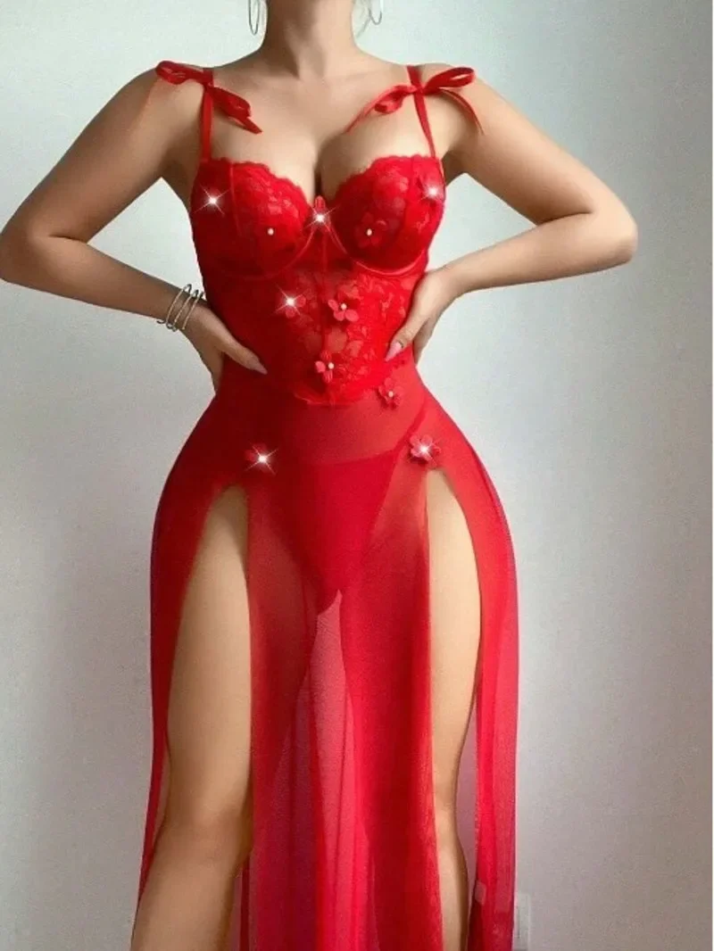 

Sexy Flower Embroidery Solid Color Transparent Lace Mesh Long Dress Backless Deep V Suspenders Sleeveless Dress Pure Desire E8AZ