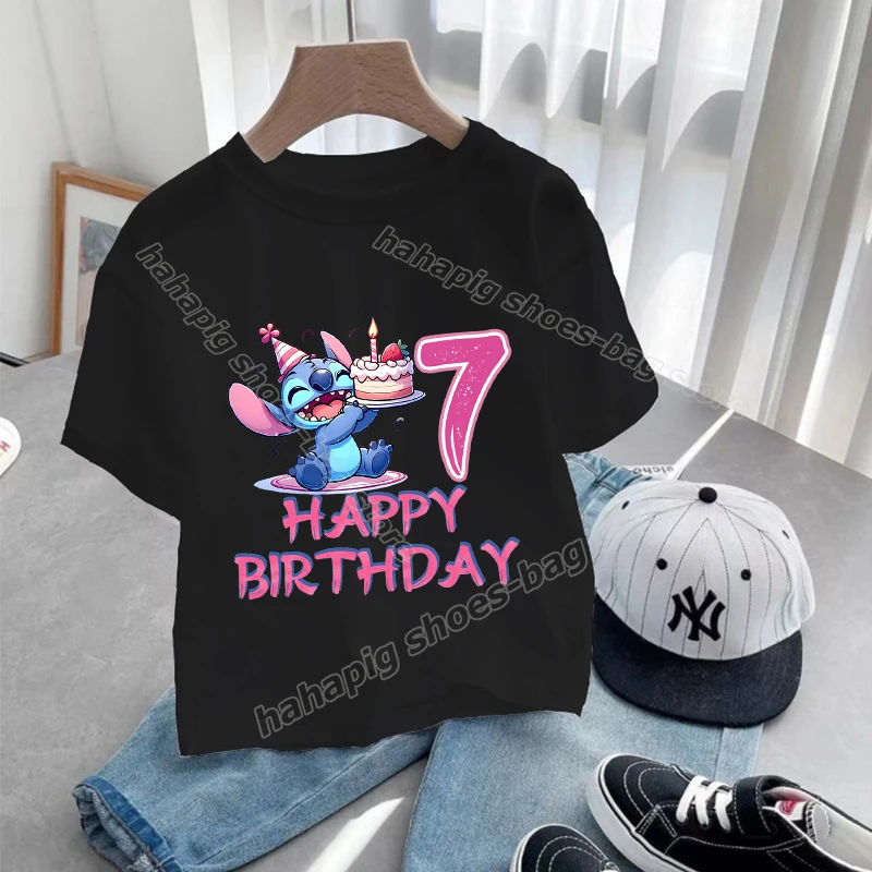 Anime Stitch Girl Birthday T-Shirt Summer Kids Number Tee Shirt Short Sleeve Children Tee Tops Cartoon Printed Toddler Clothes