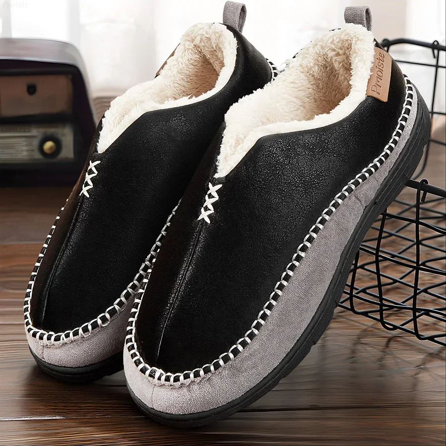 

House Slippers For Men Sewing Patchwork Memory Foam Indoor Outdoor Shoes Warm Plush Street Winter Slippers Non-Slip Big Size