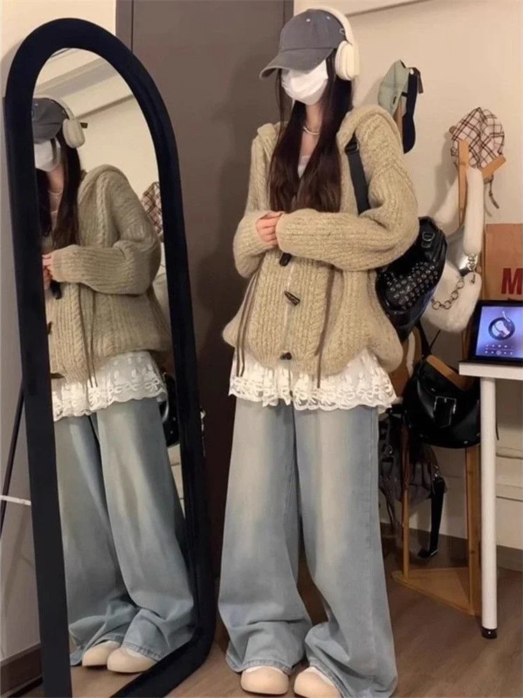 サブカルチャー ヴィンテージ フード付きカーディガン ストリートウェア レディース カジュアル ルーズトップス 2025 秋 ハラジュク グランジ セーター 2000年代 ハラジュク コート