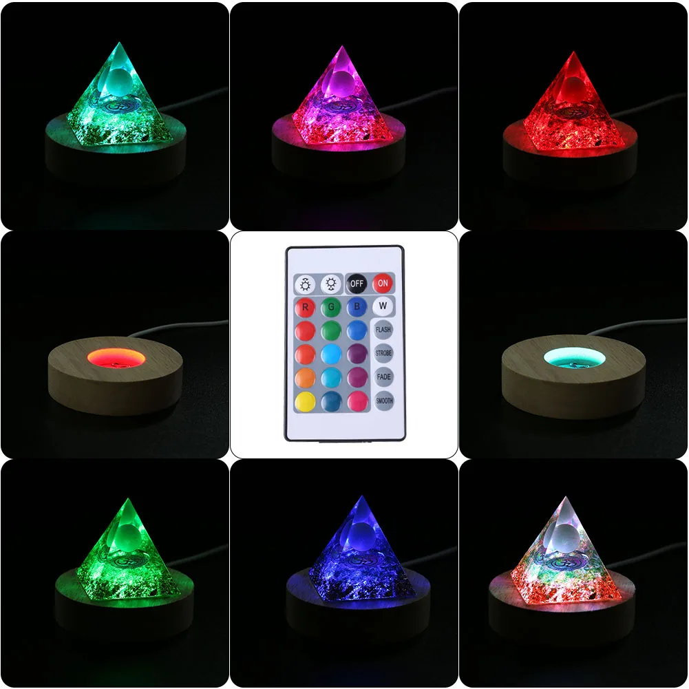 Natural Stone Orgonite Pyramid Crystal Wood Light Base Remote Control Wooden LED Night Light Stand Lamp Holder Lamp Home Decor