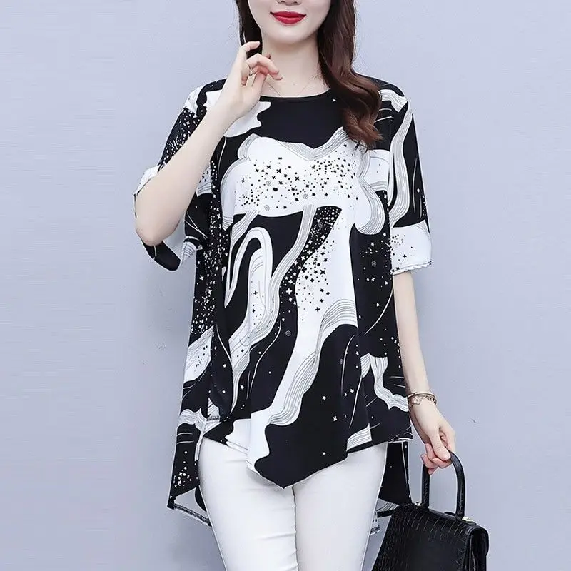 

Summer New Sle Loose round Ne Printed T-irt Asymmetrical ort Sve Casual Faion Women's Top High Quali Belly Cover
