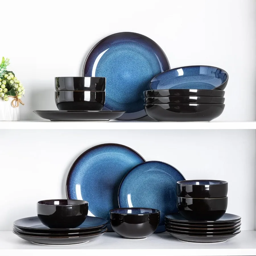 Handmade Ceramic Dinnerware Sets for 6 Including Plates and Bowls with Reactive Glaze Chip Resistant and Scratch Resistant Dish