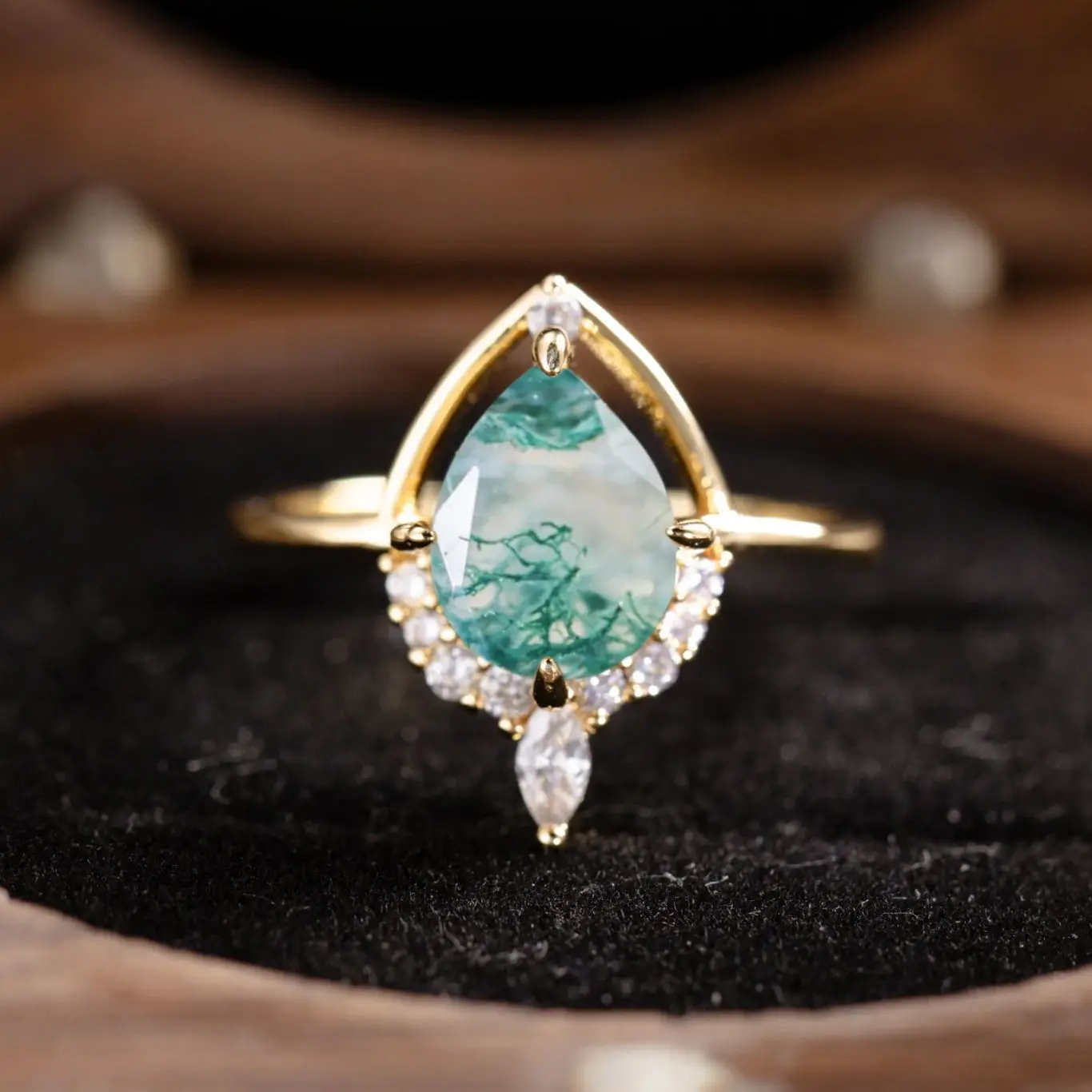 

Natural Pear Shaped Moss Agate Engagement Ring 925 Sterling Silver Adjustable Half Halo Rings for Woman Handmade Jewelry Gifts