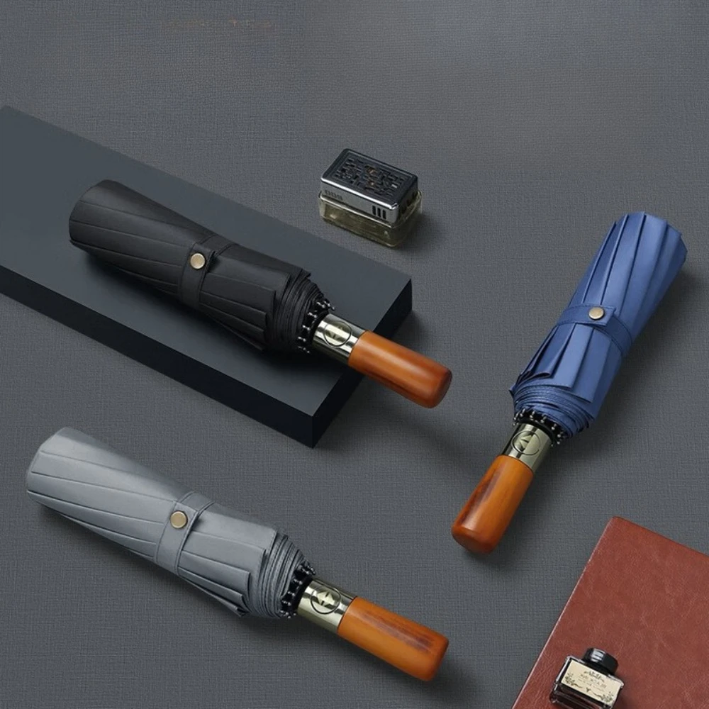 

60 Bone Fully Automatic Wooden Handle Windproof Umbrella Large Business Folding Umbrella Sun Protection Windproof Umbrella