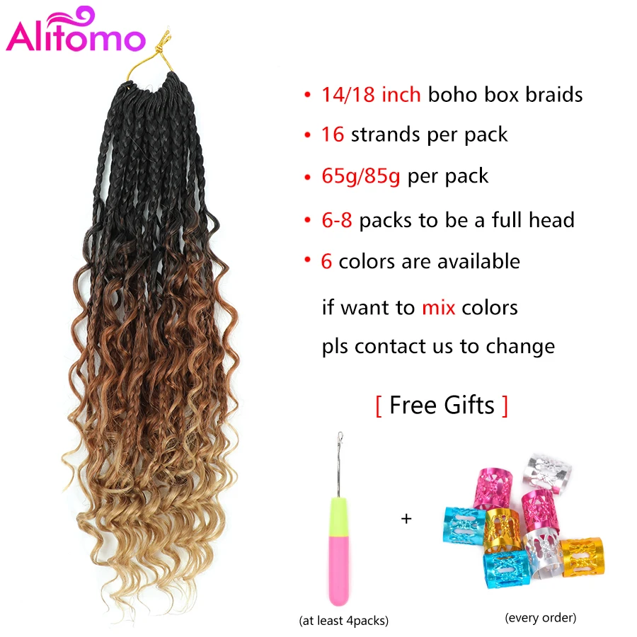 Alitomo Bohomian Hippie Box Braids Crochet Hair for Women 3X Synthetic Goddess Box Braids Pre Looped With Curly Ends 14/18Inch