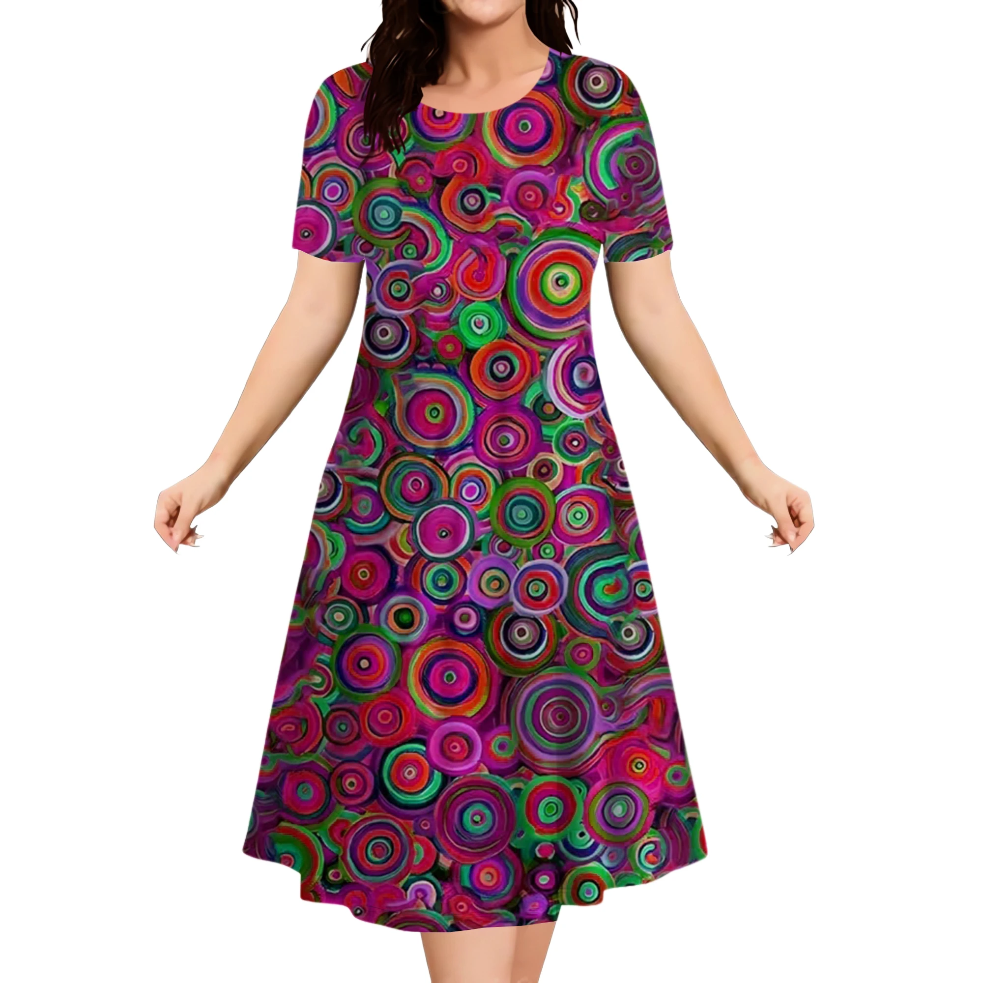 Sukienki damskie Sweet Candy Color Circle Print na lato 2024 Odzież modowa Casual O-Neck Krótki rękaw Plus Size Sukienka Luźna