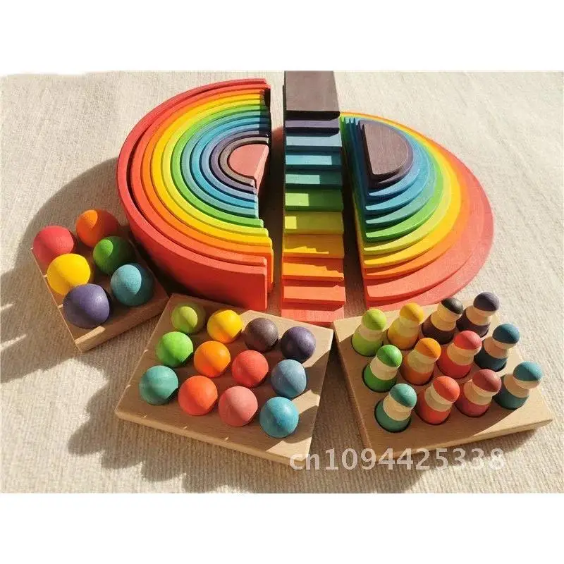 High Quality Wooden Toys Lime Wood Rainbow Arch Stacking Blocks Building Semi Color Sorting Peg Dolls Balls Slat for Kids Play