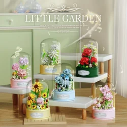 Flowers Music Box Building Blocks Sunflower Blue Rose Daisy Bouquet Model Bricks Creative Desktop Decoration Kids DIY Toys Gifts