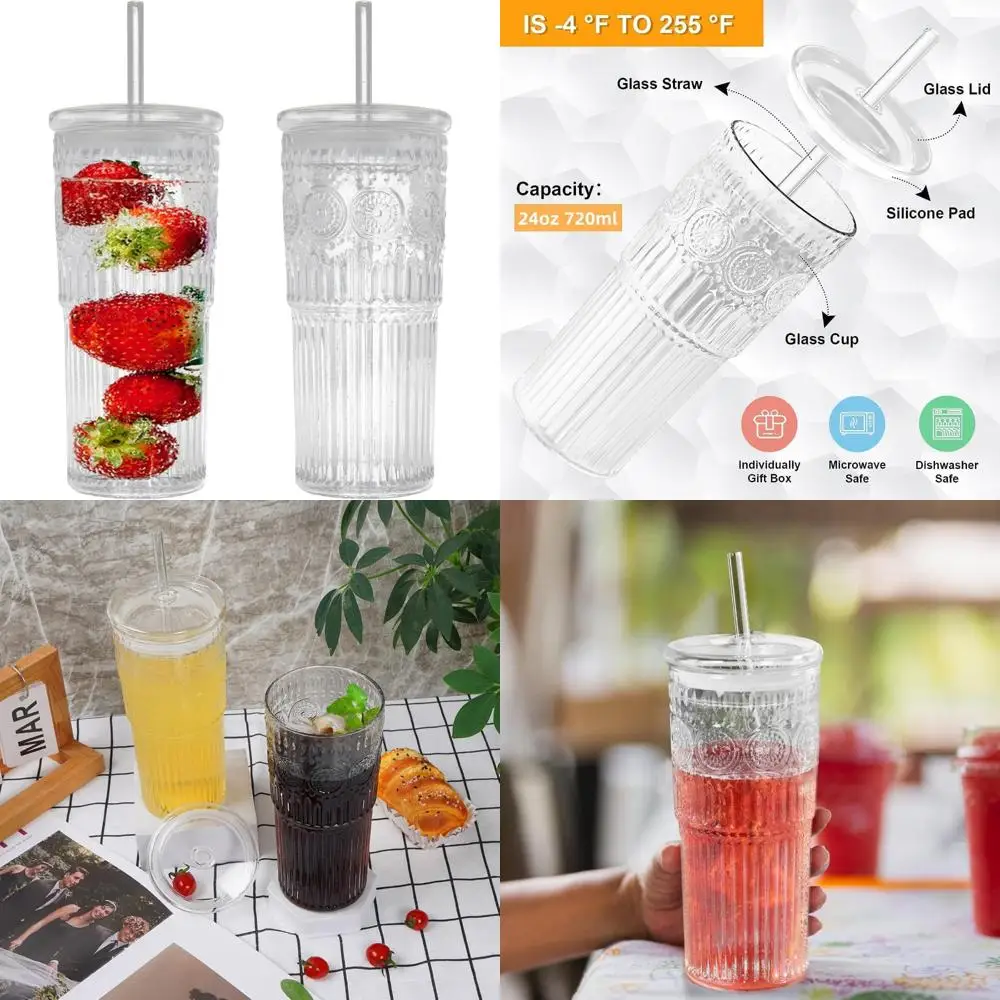 

all glass iced coffee cup with lids and straws，24 oz high borosilicate glass tumbler for water smoothie juice drinks