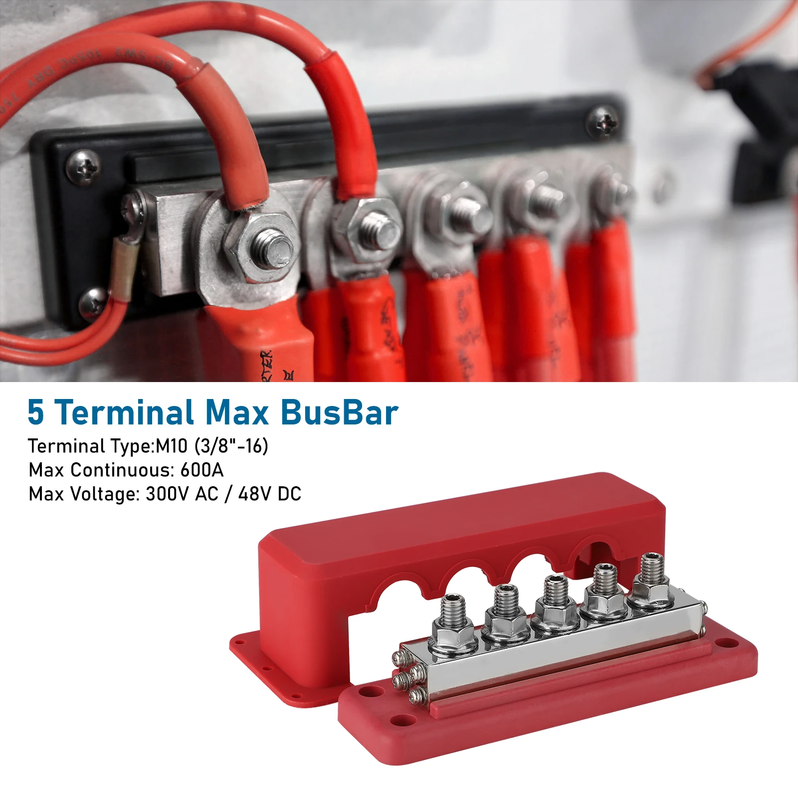600A 12-48V 버스 바 터미널 배전 블록 M10 스터드 DC 포지티브 네거티브 터미널 블록 보트 자동차 RV 케이블 주최자