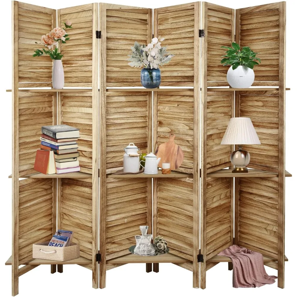 6 Panel Room Divider with Shelves, 5.6Ft Wood Room Fully Assembled Folding Wooden  Room Dividers and Folding Privacy Screens