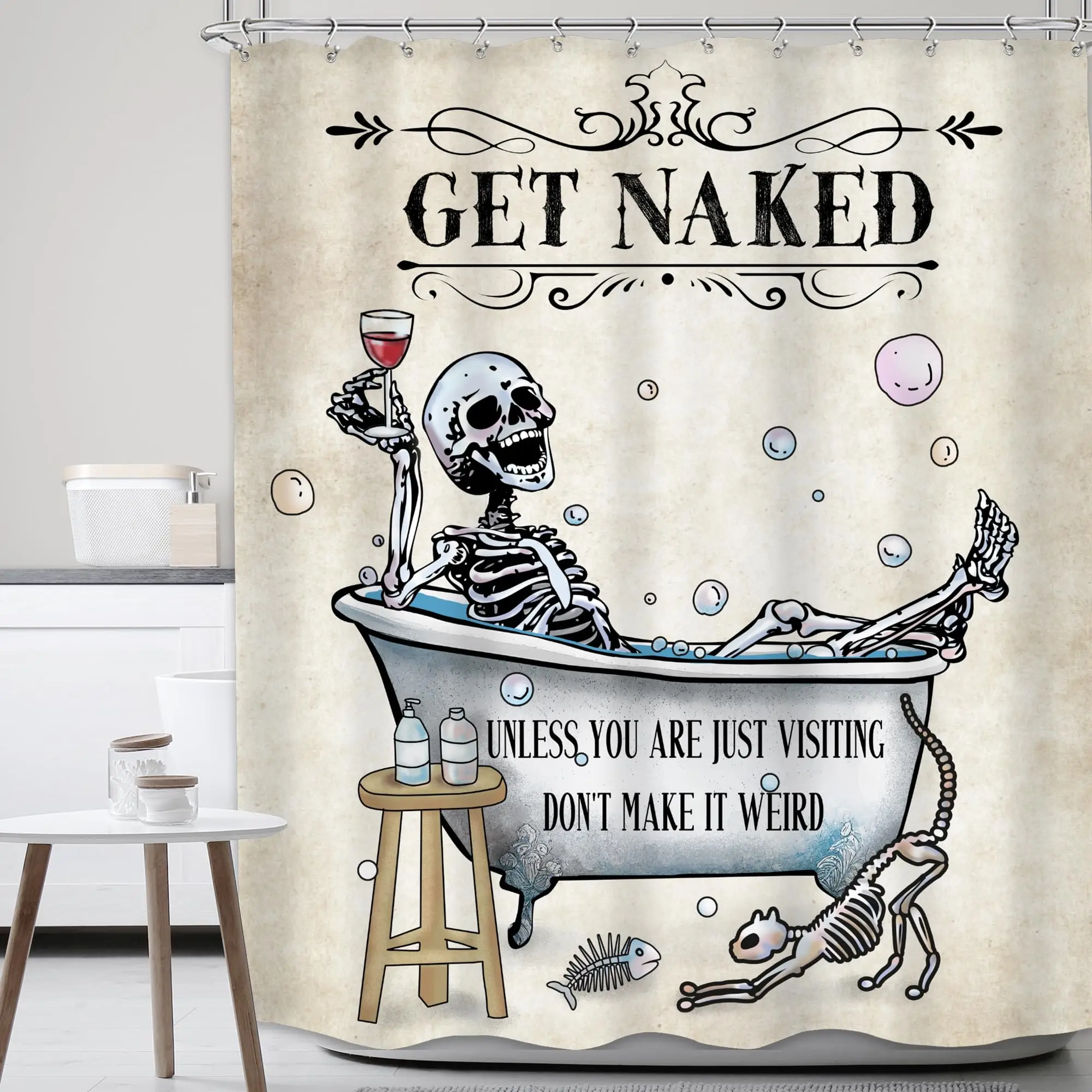 Funny Skull Skeleton Shower Curtain Spooky Cool Bone in Bathtub Horror Halloween Bathroom Decor Bath Curtain Fabric with Hooks