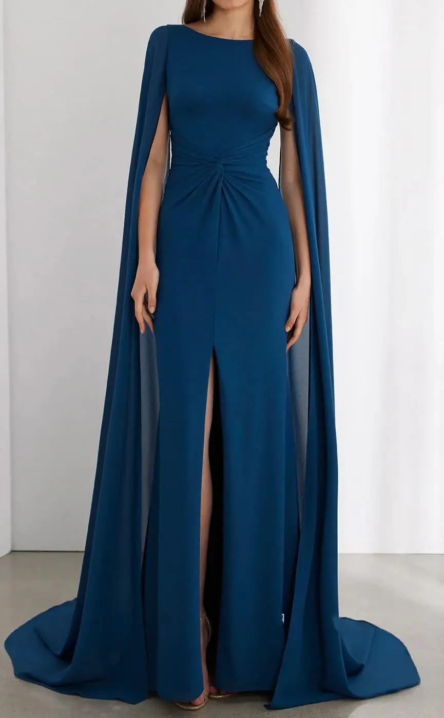 

Women’s Chiffon Formal Dresses with Cape Slit Backless Maxi Bridesmaid Dresses with Train Evening Gowns