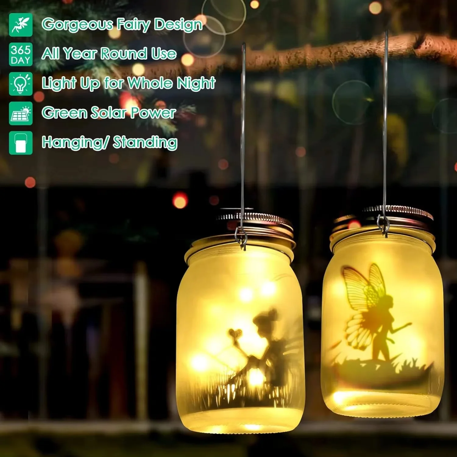 Solar Powered Fairy Jar Lamp with Portable Handle Angel Silhouette LED Night Light Waterproof Mason Jar Light for Outdoor Garden