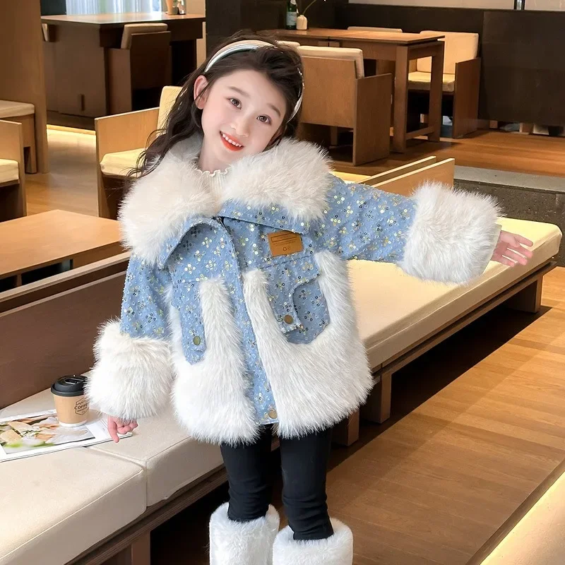 2024 New Winter Jacket Kids Girl Parkas Warm Faux Fur Coat For Girls Children Sequin Winter Clothes Soft Party Baby Girl Coats