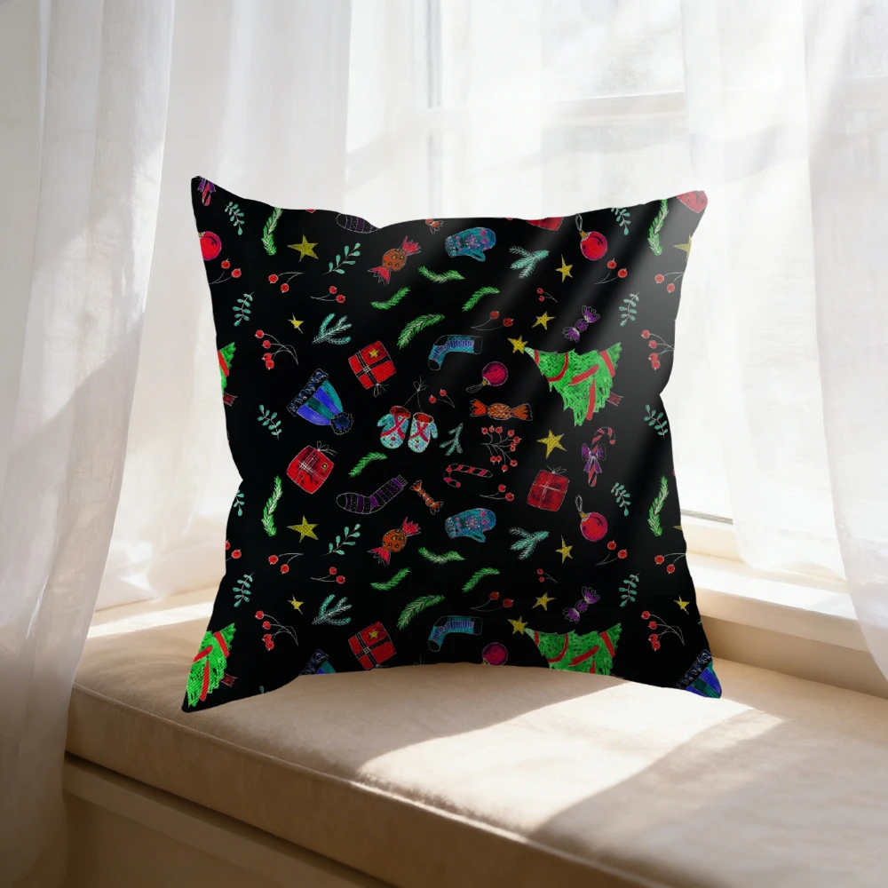 1pc Festive Style Cushion Cover Black Christmas Pattern Pillowcase For Sofa Bed Decorative Throw Case 45x45cm