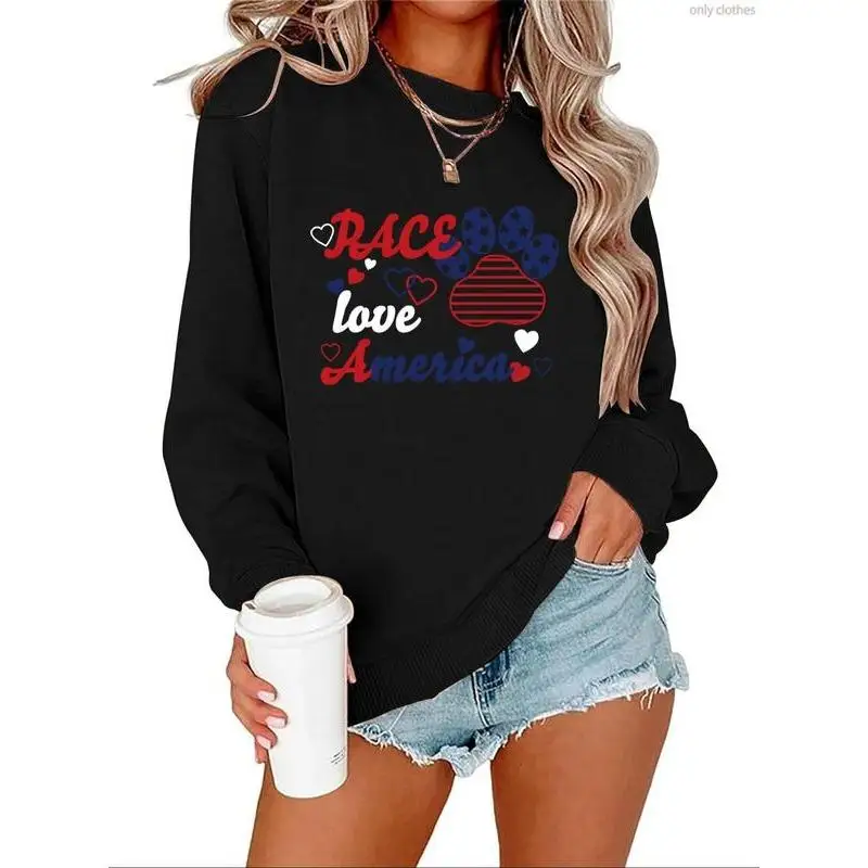 

Women's "Race Love America" Sweatshirt,4th of July Patriotic Graphic Print,Casual Crewneck Pullover for American Independence