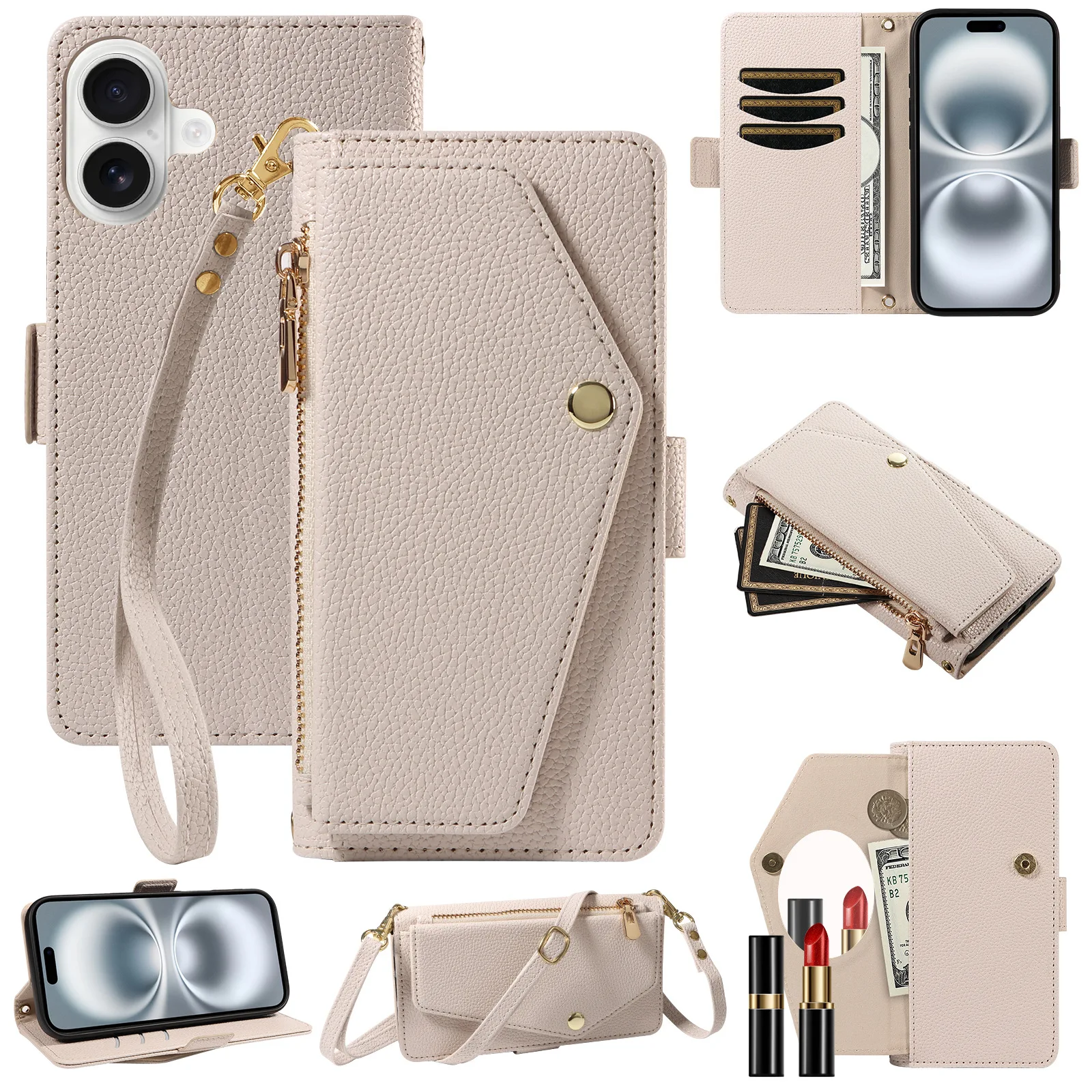 Luxury PU Leather Wallet Phone Case For iPhone 16 Pro Max Crossbody Flip Cover Zipper Card Holder Purse With Mirror Wrist Strap