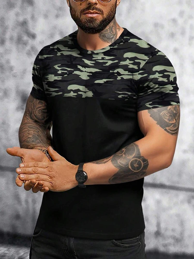 T-shirt męski z nadrukiem Camo Letni codzienny T-shirt męski Outdoor Street Top z krótkim rękawem Fitness Sportowy T-shirt męski