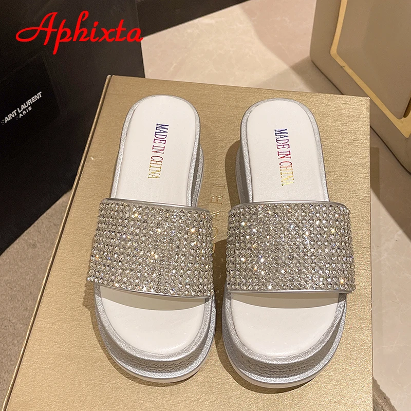 Aphixta Summer Diamonds Platform Wedge Heels Slides Women Thick Boat Sole Sandals Crystals Decorate Shoes Crystals Cool Slippers