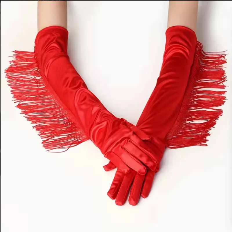 Gloves Long Satin Fringe Latin Dance Stage Performance Black White Red Soft Stretchy Lightweight Elegant Women Men Unisex Cozy
